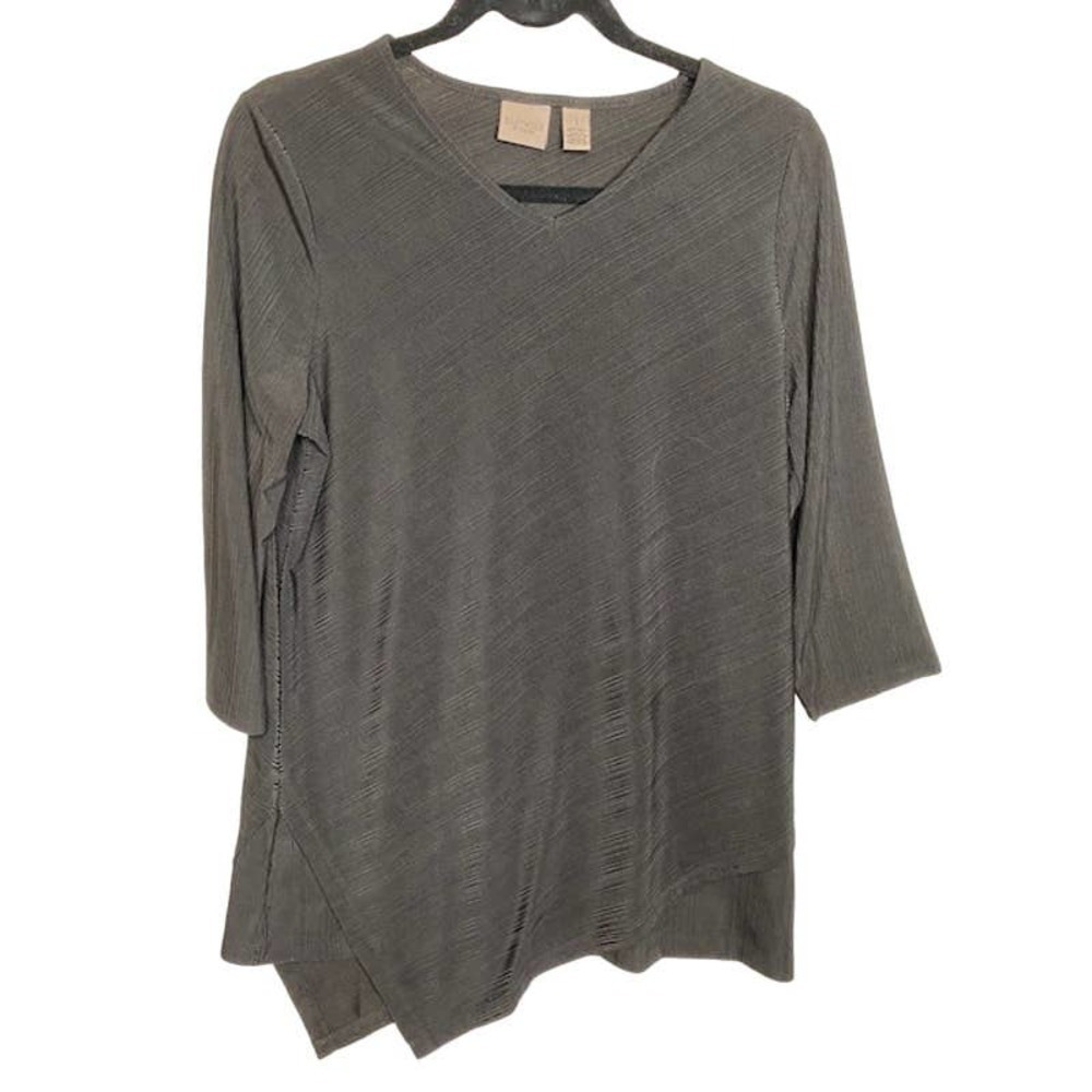 Chico's Sz 1 (Size M) EASYWEAR Asymmetrical Diagonal Hem Tunic Top Black‎ V-Neck